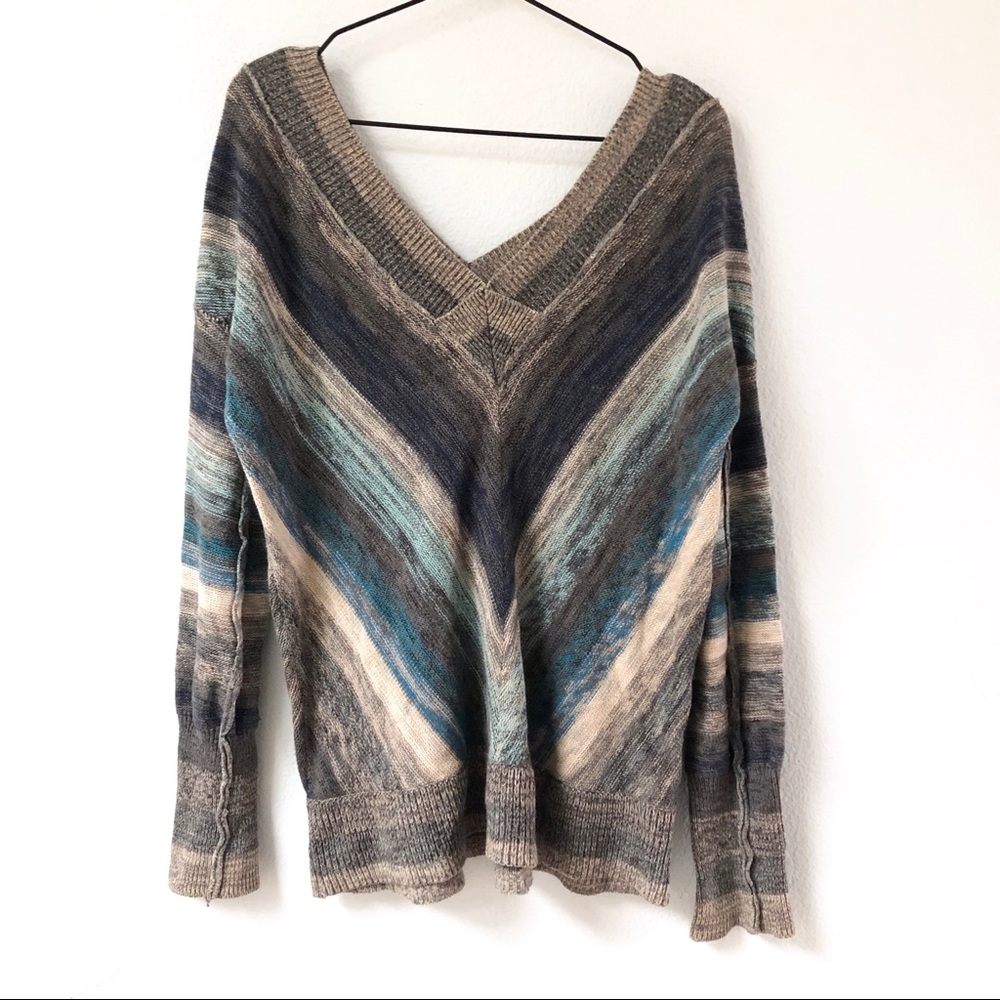 Free People • Grey & Blue Striped V Neck Sweater